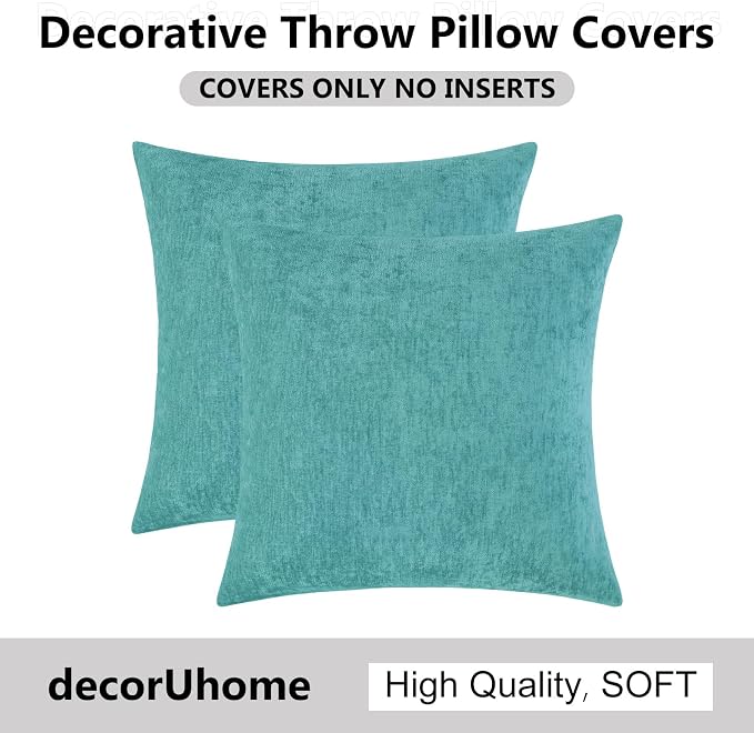 decorUhome Soft Chenille Turquoise Throw Pillow Covers 18X18 Set of 2 | Decorative Fall Couch Pillow Covers Solid Dyed Accent Modern Farmhouse Neutral Square Pillow Cases for Sofa