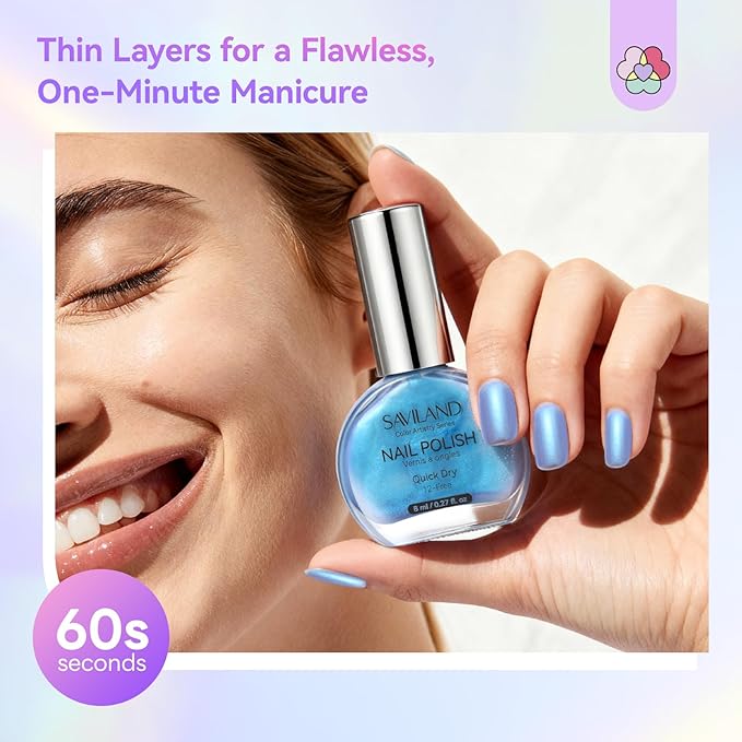 SAVILAND Quick-Dry Aurora Nail Polish Kit: 6+1 Colors Nail Polish Set with 3-in-1 Base Top Coat Cuticle Oil Pearl Glitter Pink Blue Green 12-Free Fingernail Polish Home DIY for Women Gift