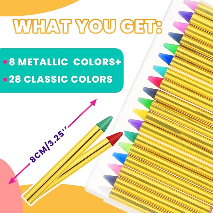 Face Paint, 36 Kids Face Paint Sticks, Professtional Face Painting Kit for Kids, 6 Fluorescent + 6 Metallic + 24 Classic Color, Non-Toxic & Washable Face Body Crayons