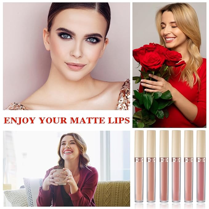 6 Colors Matte Nude Lipstick Set Liquid Lipstick Velvet Lip Gloss Lip Stain Long Lasting Waterproof Nude Pink Lipstick Set for Women Lip Makeup (SET-B)