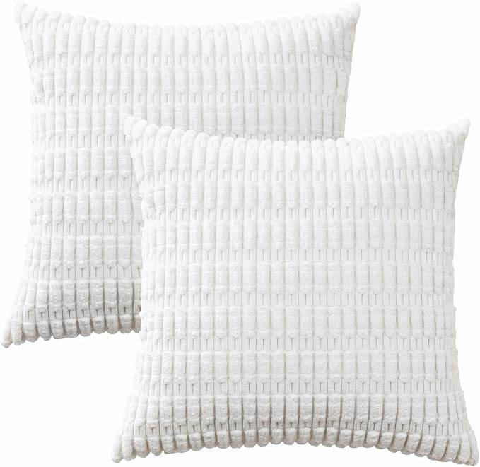 Volcanics Pack of 2 Pure White Decorative Throw Pillow Covers 18x18 Inch | Soft Corduroy Striped Square Cushion Cases, Modern Farmhouse Boho Home Decor for Couch Bed Sofa Living Room