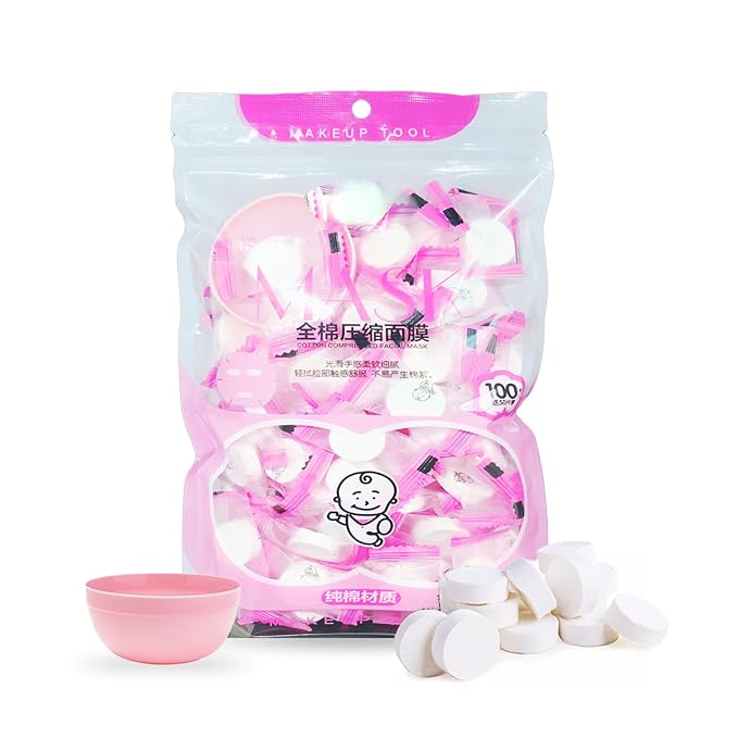 100 pcs Compressed Facial Mask Sheet Beauty DIY Disposable Mask Paper Natural Cotton Skin Care Wrapped Masks Normal Thick,Get a Small Mask Bowl Free