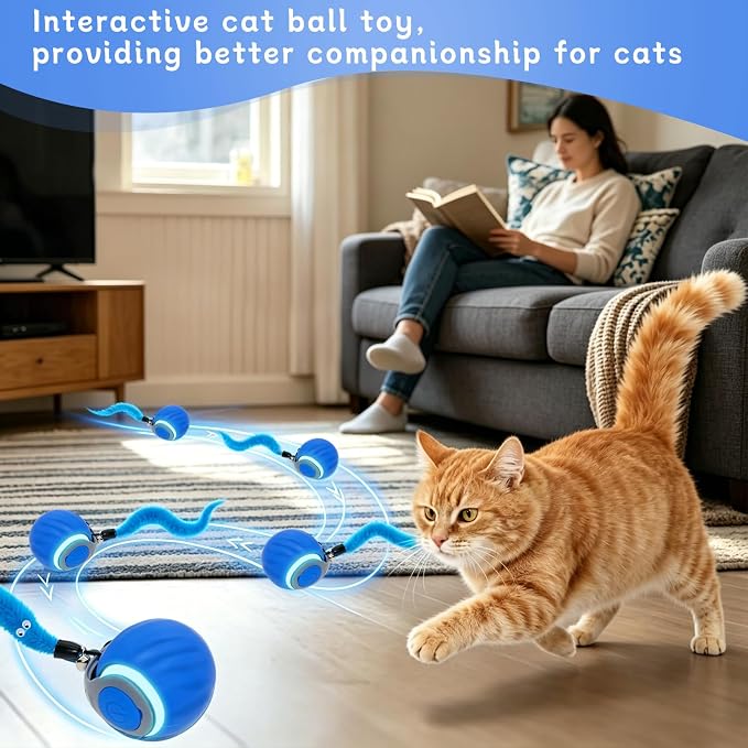 Interactive Cat Toy Ball - Automatic Moving Cat Ball for Indoor Cats with 3 Tails, Rechargeable Silent Kitten Toy for Boredom & Exercise, Rolling Ball Toy with 2 Modes & 2 Speeds.