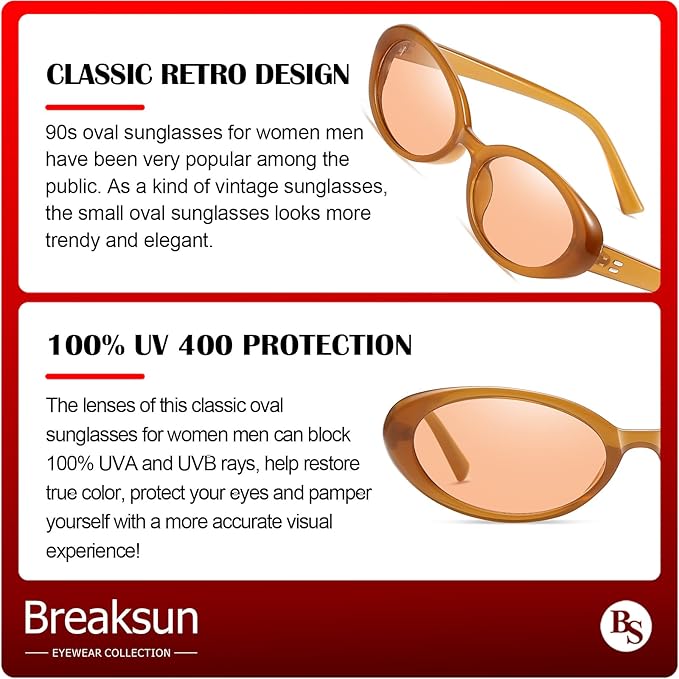 Breaksun Retro Oval Sunglasses for Women Men Fashion Small Oval Sunglasses 90s Vintage Shades