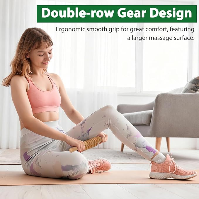Liitrton Wood Therapy Massage Tools, Double Row Massage Roller Stick, Wooden Rollers for Massage Lymphatic Drainage Cellulite Reduction and Muscle Tension (Double-9‑Wheel)