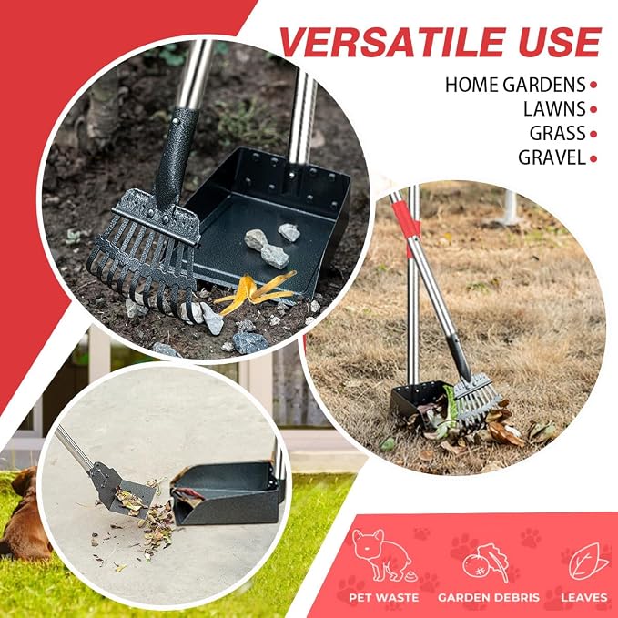 FUSBUNTY Long Handle Dog Pooper Scooper, Heavy Duty Stainless Steel Rake | Includes Tray & Spade for Pet Waste Removal. Rust-Proof Metal Scoop Set for Grass, Dirt, Gravel, Yard & Outdoor Clean Up.