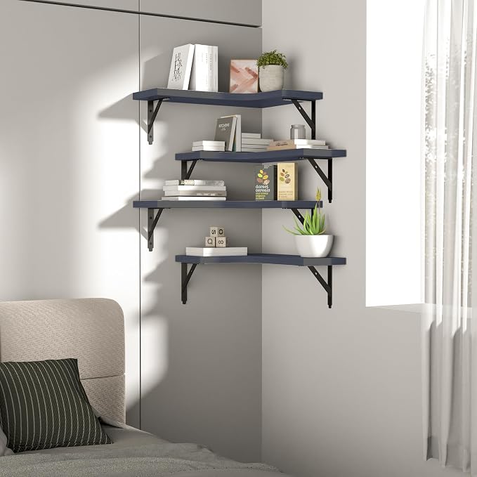 ROMGUAR CRAFT Corner Floating Shelves Wall Mounted Set of 4, Rustic Wood Storage Display Shelves for Home Decor, Bathroom, Kitchen, Bedroom, Living Room, Office (Grey)