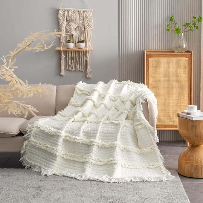 Ultra Soft Ruffle Fringed Quilt King Size,Shabby Chic Rustic Cream White Bedding Set, Stone Washed Boho Decorative Quilt with 2 Pillow Shams for All Season