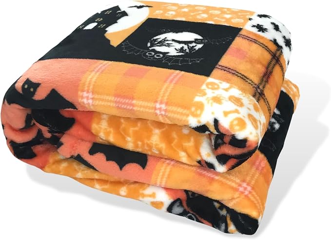 Halloween Fleece Throw Blanket, Patchwork Witch & Haunted House, 50x60 in | Ultra-soft cozy flannel fleece, for sofa couch bed chair & dorms, spooky Halloween décor, durable and machine washable.