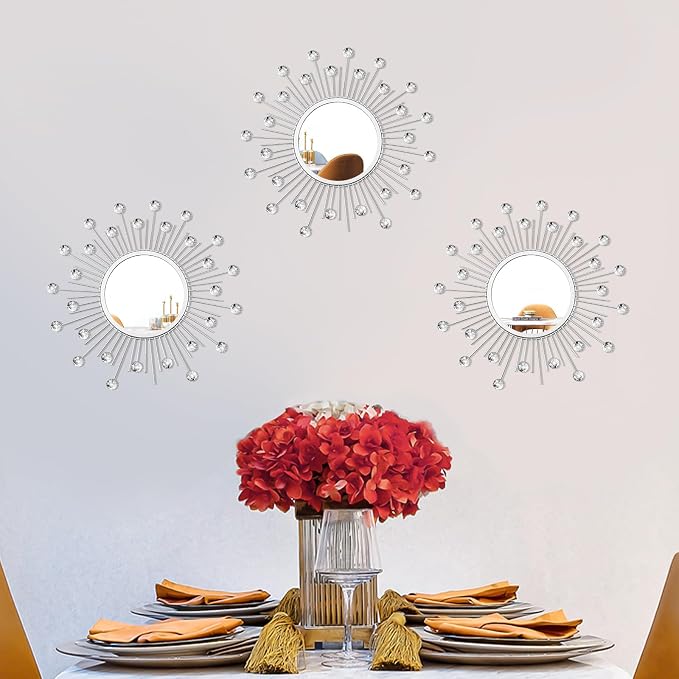 3 Pack Metal Mirrors for Wall Sunburst Wall Mirrors Home Décor Decorative Hanging Wall Art for Living Room Bedroom Entryway (Silver Crystal, Sunburst)