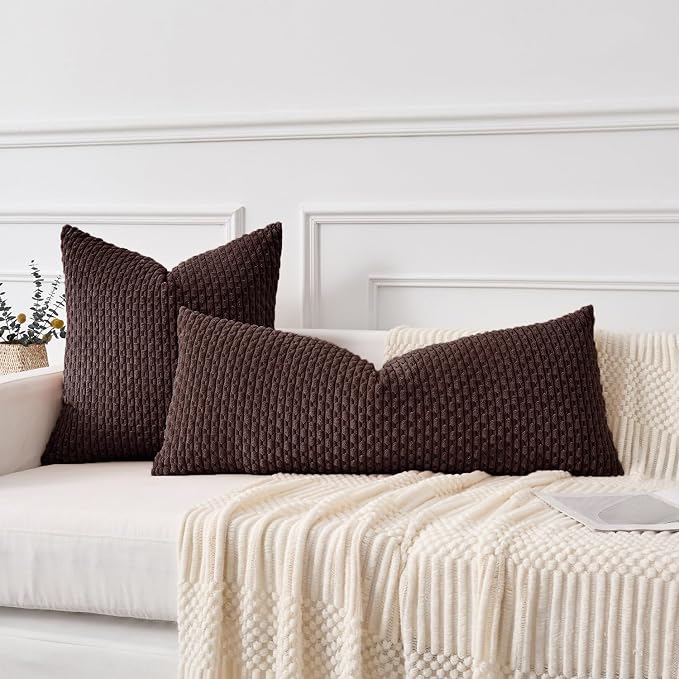 Kevin Textile Soft Corduroy 14"x36" Lumbar Pillow Cover 1 Pack, Coffee | Boho Stripe Plush Corduroy Decorative Oblong Cushion Cover Modern Farmhouse Home Decor for Sofa Couch Bed Chair
