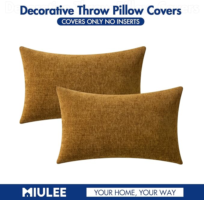 MIULEE Soft Chenille Lumbar Throw Pillow Covers Mustard 12x20 Pack of 2 | Modern Home Decor, Classic Decorative Pillows, Solid Dyed Cases, Boho Couch Cushion Covers for Sofa Bed Living Room