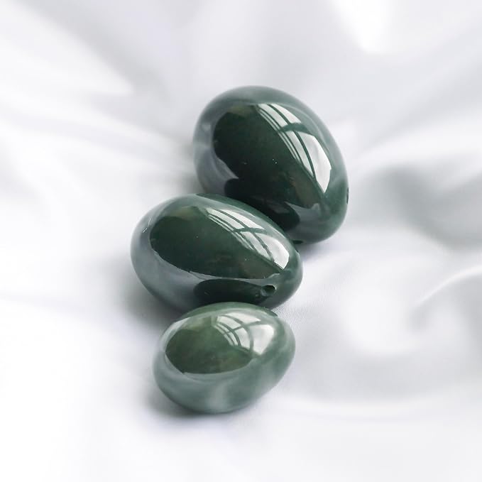Nephrite Jade Stone Eggs 3-Piece Set – Large, Medium & Small | Side-Drilled, Smooth Hand-Polished Natural Stone with String, Cleaning Brush, Instructions & Certificates | Polar Jade