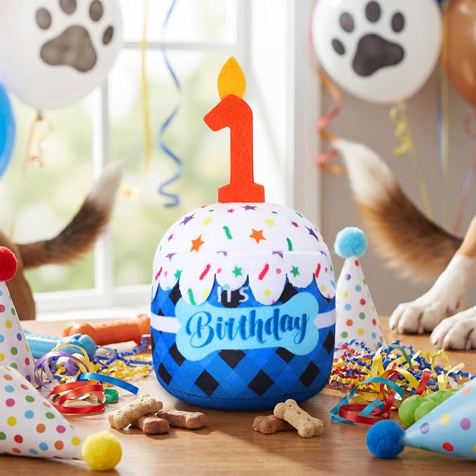 Dansydaisy Dog Birthday Cake Toy Squeaky Plush Gift,1st,Blue Grid