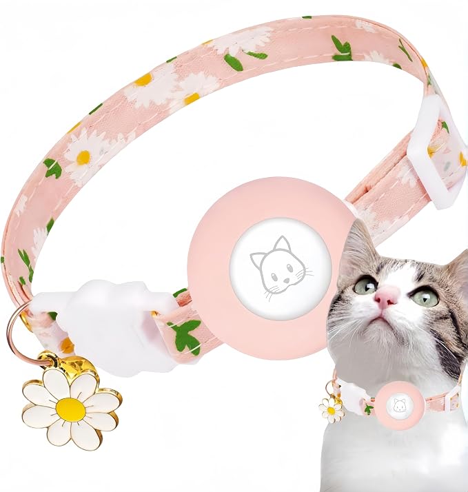 for Airtag Cat Collar Lightweight and Comfortable, Bells & Flower Charm Collar Breakaway with Silicone, for Apple Air Tag Holder Smart ID tag for Cats and Puppies (Pink)