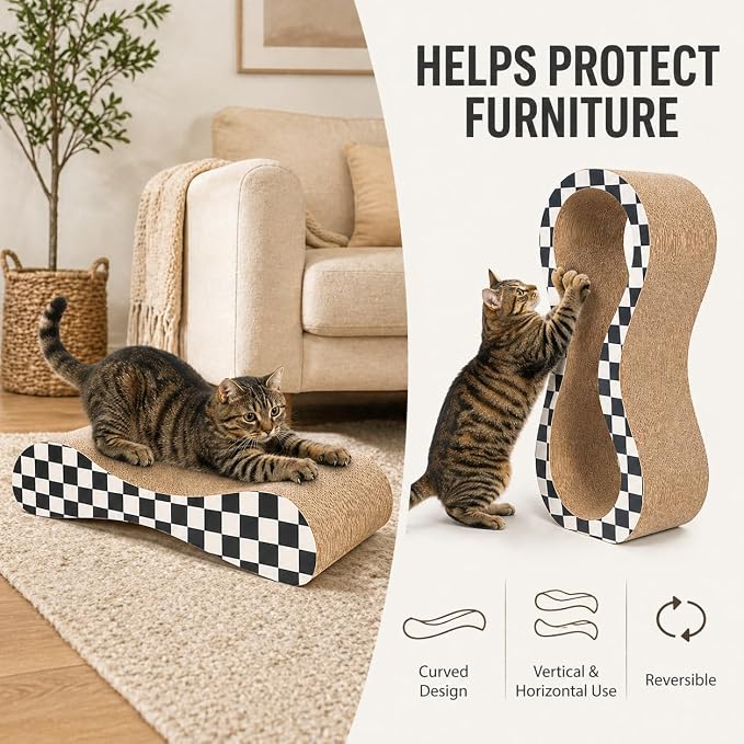 2 in 1 Large Cardboard Cat Scratcher Lounger, Cat Scratching Board for Indoor Cats, 100% Recyclable & Reversible Horizontal Scratching Pads Prevents Furniture Damage, Checkerboard