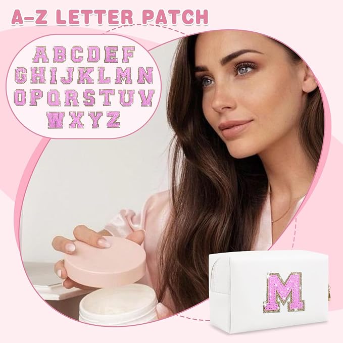 Small Initial Patch Makeup Bag Personalized Gifts Make Up Bag,White Cute PU Leather Glitter Letter Cosmetic Bag with Zipper,Trendy Portable Travel Toiletry Pouch,Preppy Stuff for Teen Girls Women M