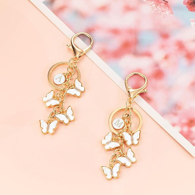 XGALBLA White Pink Black Cute Butterfly Initial Letter Keychain for Women, Butterfly Bag Charms Keyring for Handbags Backpack