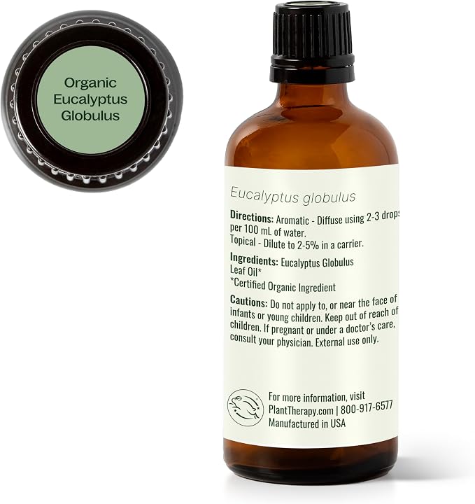 Plant Therapy Organic Eucalyptus Globulus Essential Oils 100 mL (3.3 oz), 100% Pure, USDA Certified Organic, Undiluted, Natural Aromatherapy for Respiratory Support & Focus