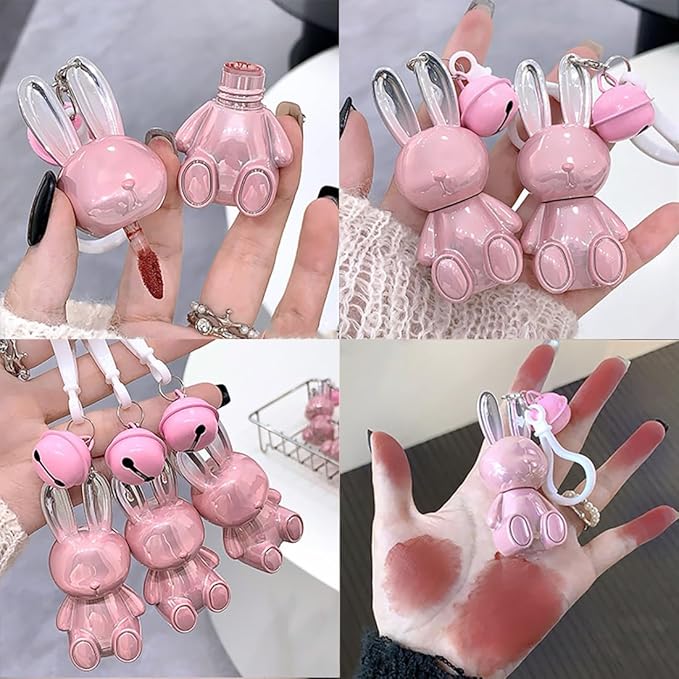 3 Colors Matte Liquid Lipstick, Cute Rabbit Key Chain Lip Gloss, Lightweight Matte Finish Lip Stain Full Coverage Korean Makeup for Girls(#1,#5,#6)