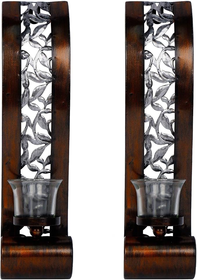 Shelving Solution Wall Sconce 14.4 x 3.5 Inch, with Tea Light Candle Holder Antique Bronze Style Metal Wall Art Decorations for Living Room, Bathroom, Dining Room and Office, Set of 2