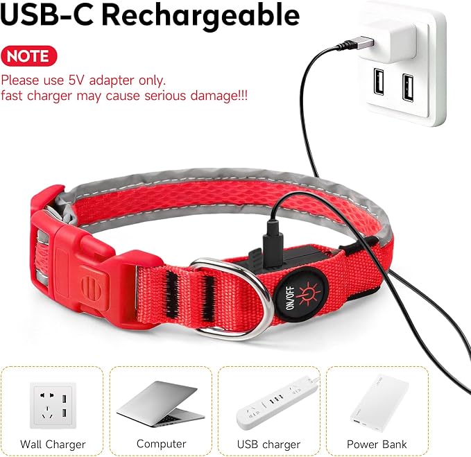 LED Dog Collar, Light Up Dog Collar,for Night Walking(Medium,Red) | Adjustable,Bright RGB 7 Colors Light Glowing Collar,Waterproof,Nylon,Soft,For Medium and Large Dogs,USB C to Charge