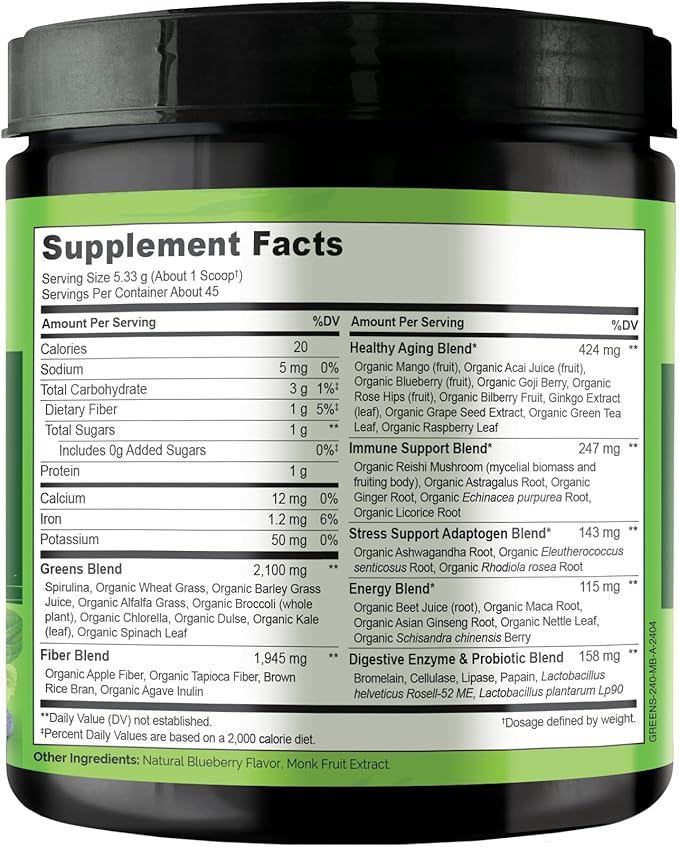 NATURELO Raw Greens Superfood Powder 240 Grams, Mixed Berry - Supports Energy, Immunity and Detox - Includes Spirulina, Wheat Grass and Organic Greens for Whole Food Nutrition