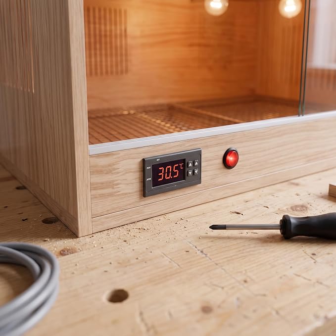 Wooden Box for Chicks and Small Animals – Pet Breeding Box with Tray and Sliding Glass Door, Smart Thermostatic, 50x30x30 CM