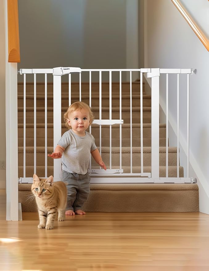 Babelio Extra Wide Baby Gate with Cat Door, CatPrivilege II, 29-48" | Auto-Close Metal Pet Door for Stairs, Doorways & House, Pressure/Hardware Mounted, Easy Walk Thru, White
