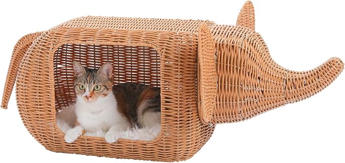 PAWZ Road Elephant Rattan Cat Bed, Indoor Outdoor Condo for Large Cats | breathable rattan cat house, 51L interior fits large cats 15lbs, wicker cat bed with removable cushion