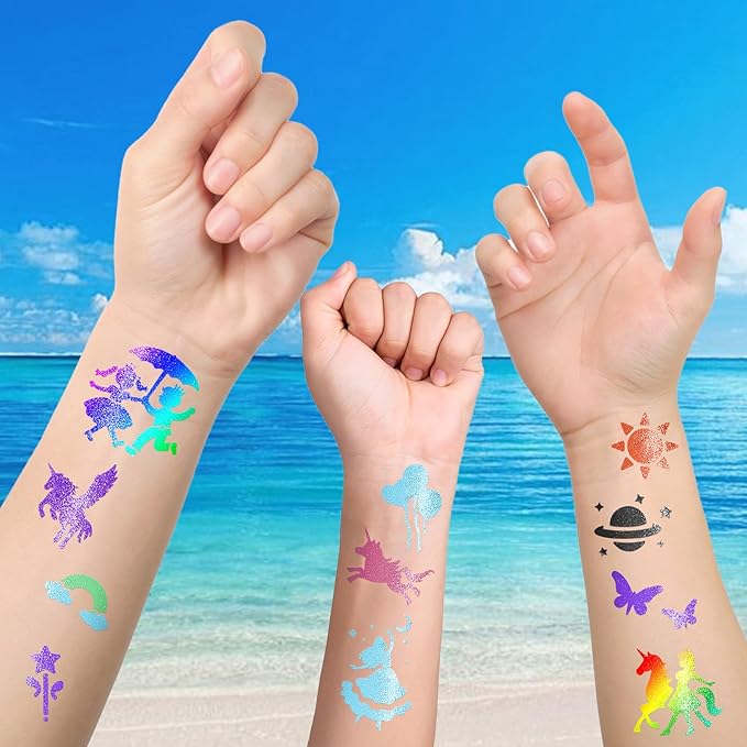 Unicorn Temporary Tattoo Markers for Skin, 8 Metal Body Markers + 169 Large Princess Rainbow Tattoo Stencils for Kids Adults, Cosmetic-Grade Tattoo Ink, DIY Body Art Party Favors for Women Men