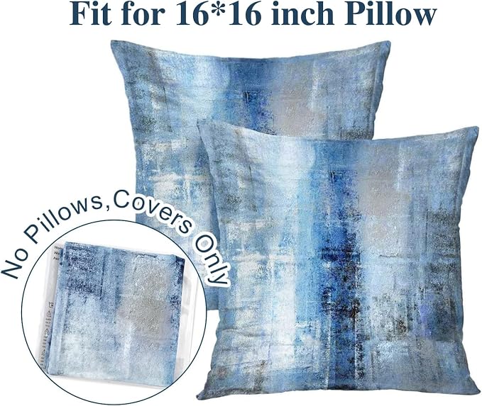 Blue and Grey Throw Pillow Cover Pack of 2, Abstract Art Gallery Modern Decorative Cushion Cover for Bedroom Sofa Living Room(16 x 16 Inch,Blue and Grey)