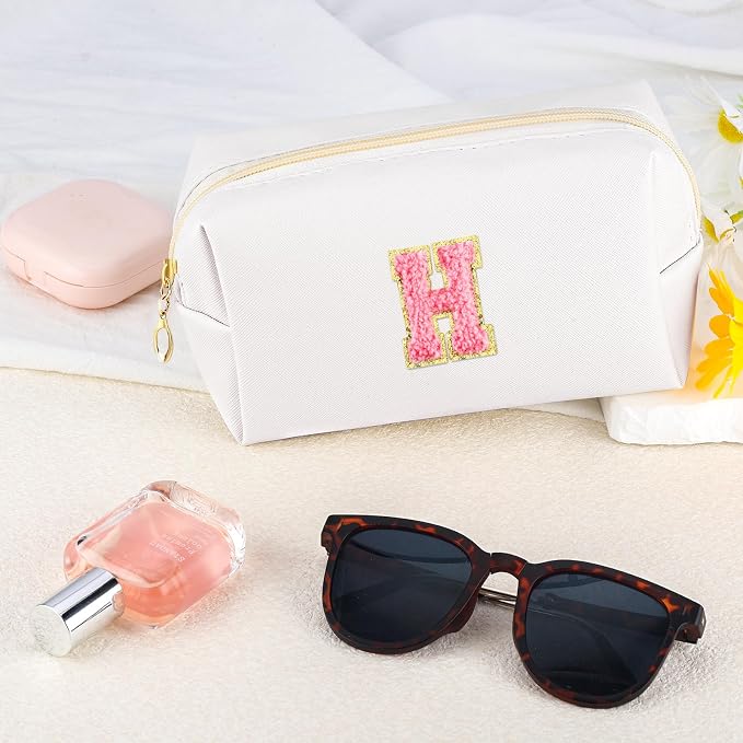 URSKYTOUS Initial Makeup Bag Personalized Preppy Travel Small Cosmetic Bag Cute PU White Chenille Letter Makeup Pouch for Purse Waterproof Zippered Toiletry Organizer for Women Girls Kids Friends (H)