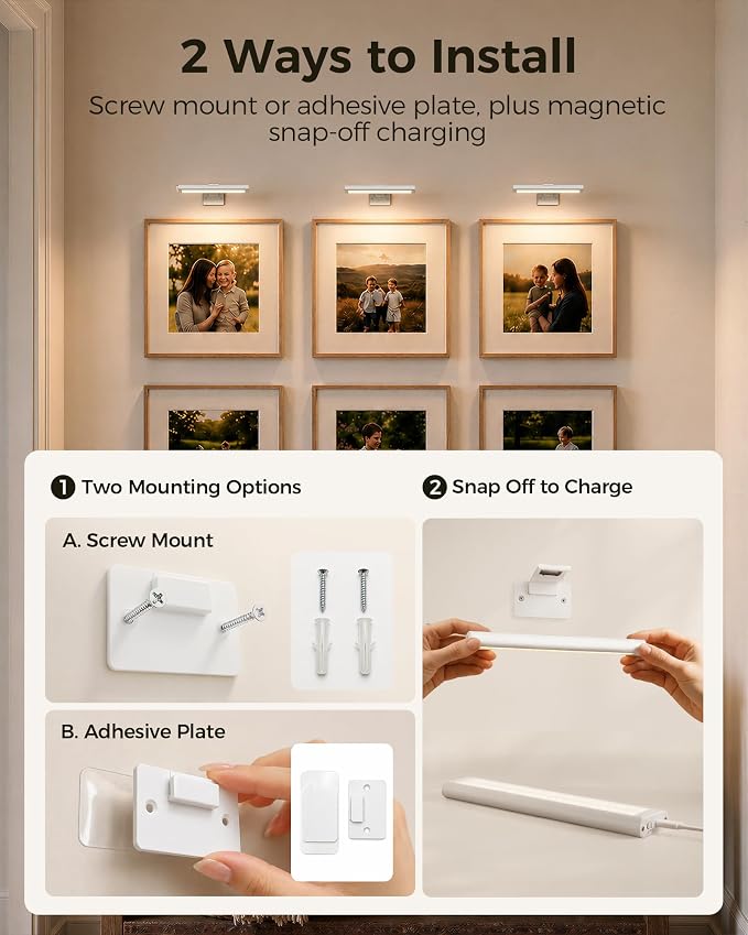 EZVALO Picture Light for Wall, Rechargeable 2400mAh Lights Wireless with IR Remote, 3 Color & Dimmable Magnetic 7.87'' LED Lights Display for Painting, Living Room, Gallery, Bedroom Art(White-2P)