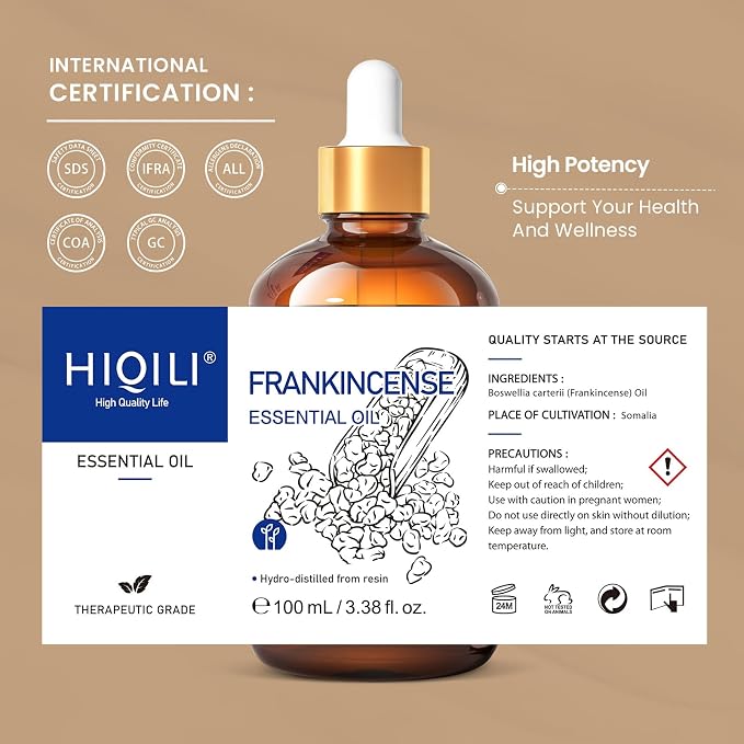 HIQILI Frankincense Essential Oil for Skin Care, Muscle & Knee Massage | Diffuser for Aromatherapy, Mix with Face Cream to Boosts Face Texture, Creating a Peaceful Atmosphere - 100mL / 3.38 fl oz