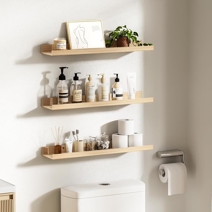 upsimples Floating Shelves for Wall Decor Storage, Natural, 6Pcs, 23.6'' | Wall Mounted Wood Shelves for Living Room, Bedroom, Bathroom, Kitchen, Office, Nursery Room, Coffee Bar Display and Organize