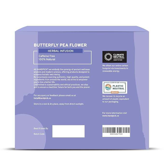 HANDPICK, Butterfly Pea Flower Tea (100 Herbal Tea Bags) | Caffeine Free, Non GMO | Premium Dried Butterfly Pea Flowers For Blue & Purple Drinks, Food Coloring | Iced Teas, Coolers, Cocktails