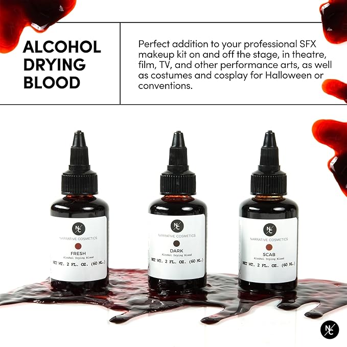 Narrative Cosmetics Alcohol Drying Blood, Ultra-Realistic Fake Liquid Blood, SFX Makeup for the Stage, Film, Halloween, and Cosplay - Dark 2oz