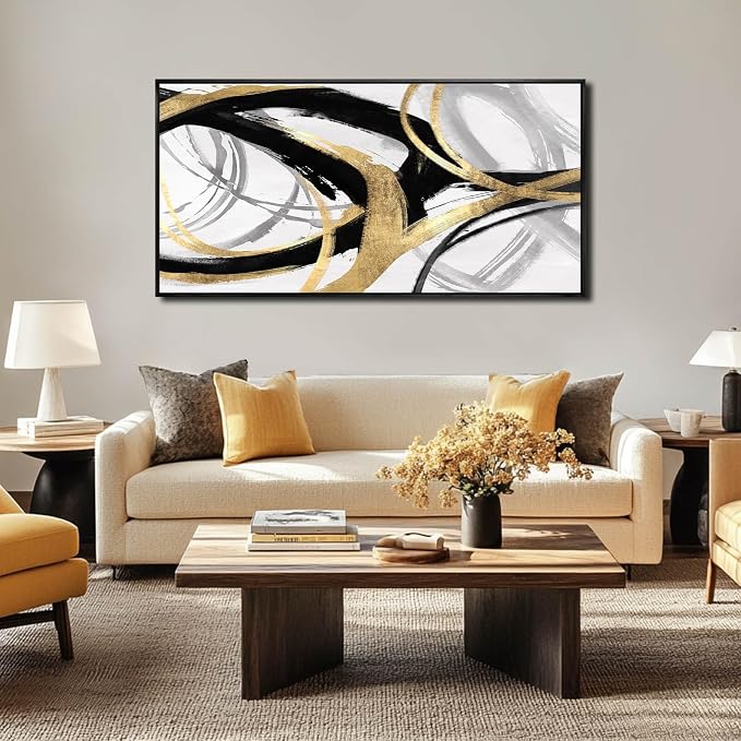 Abstract Wall Art Pictures for Living Room Gold Wall Decor Line Art for Bedroom Kitchen Home Office Decoration Framed Art 24"x48"