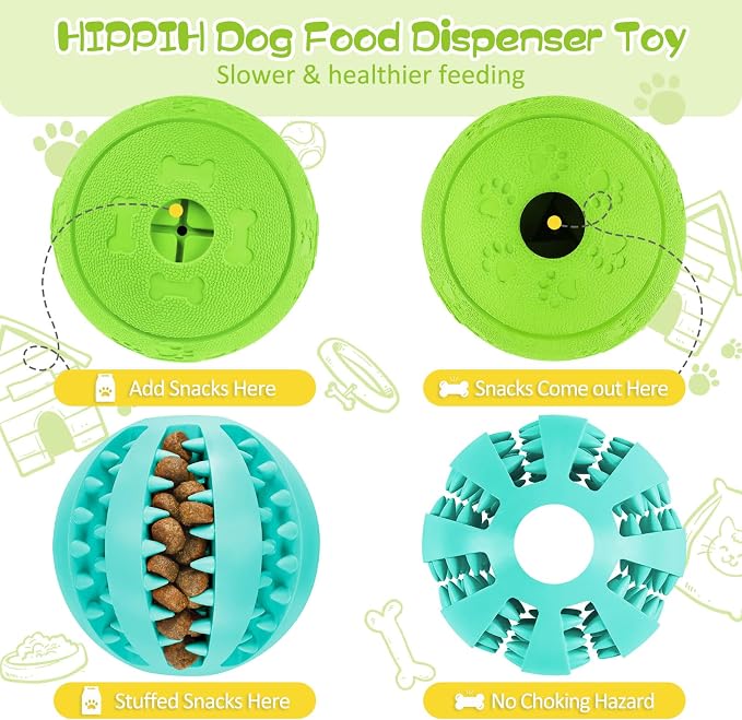 HIPPIH Dog Puzzle Toy 2 Pack, Interactive Dog Toys for Treat Dispensing | Durable Puppy Enrichment Toys, Dog Treat Ball for Teething, Slow Feeder, IQ Training, Blue-2.75'', Green-3.14''