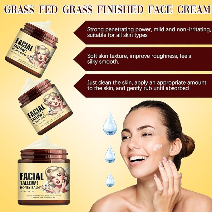 Nicgou Whipped Beef Tallow and Honey Balm, Grass Fed Grass Finished Face Cream, Tallow Face Moisturizer, Beef Tallow Balm for Skin Care