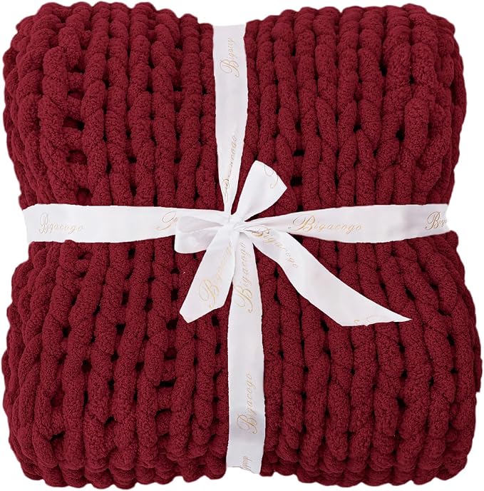 Bigacogo Chunky Knit Throw Blanket for Couch, 40x40 inches, Red | Hand Knit with Jumbo Chenille, Soft Breathable Cable Knit for Sofa Bed Living Room, Machine Washable, Gift for Mom Friend
