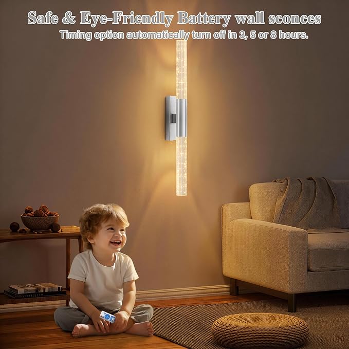 camuucci Battery Operated Wall Sconces Set of 2, Rechargeable Wall Lights | 12000mAh Long-Lasting Battery,Dimmable Cordless Sconce,No Wiring Needed for Bedroom,Living Room,Silver,25.6-Inch