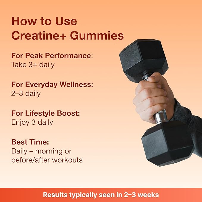 Bear Balanced Creatine Gummies for Men & Women - Creatine Monohydrate, L-Theanine, L-Tyrosine & B12 for Muscle Growth, Strength, and Focus, Peach Mango, 2 Pack