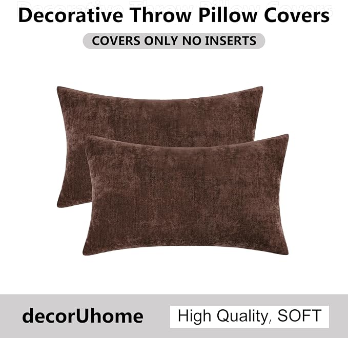 decorUhome Soft Chenille Reddish Brown Throw Pillow Covers 12X20 Set of 2 | Decorative Fall Couch Pillow Covers Solid Dyed Accent Modern Farmhouse Neutral Rectangle Pillow Cases for Sofa