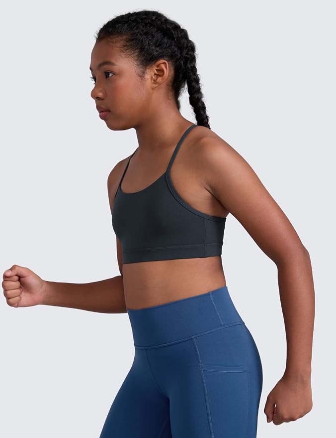 CRZ YOGA Girls Butterluxe Y Back Sports Bra - Yoga Athletic Casual Tops Scoop Neck Spaghetti Strap Padded Crop Kids Teen