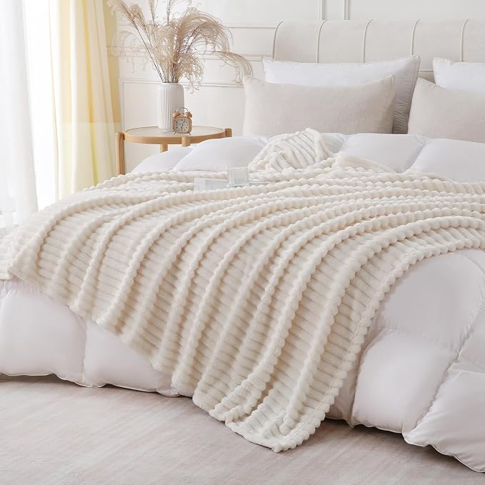 Cream White Throw Blanket for Couch Sofa 60x80 inches Striped Design | Fleece Blankets Room Home Decor Lightweight Plush Soft Cozy Gifts for Women Mom