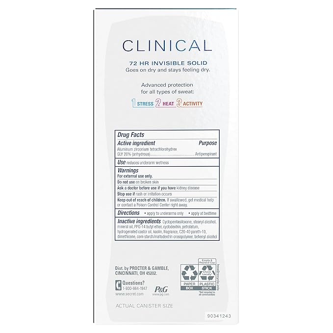 Secret Clinical Strength Antiperspirant Deodorant for Women, Stress Response, 3X Stress, 72hr Sweat & Odor, PH Balancing Minerals, Invisible Solid, 2.6 oz (Pack of 2)