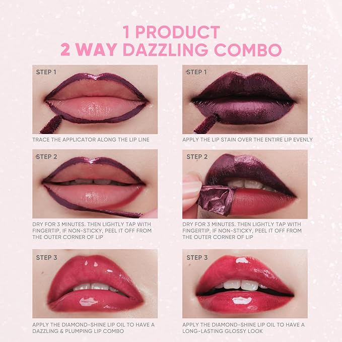 JUDYDOLL Peel Off Stain and Plumping Oil Duo - Long-Lasting Lip Stain with 3D Plumping Gloss, Hydrating and Non-Sticky Formula, Macaron-Inspired Lipstick (#03 Cherry Spark)