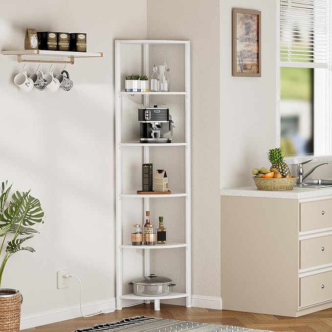 6 Tier Corner Shelf with LED Light, 67.5" White Narrow Bookshelf | Tall Standing Shelf Organizer, Storage Rack for Wall Corner, Living Room, Bedroom, Metal Frame, Wood Display Shelf